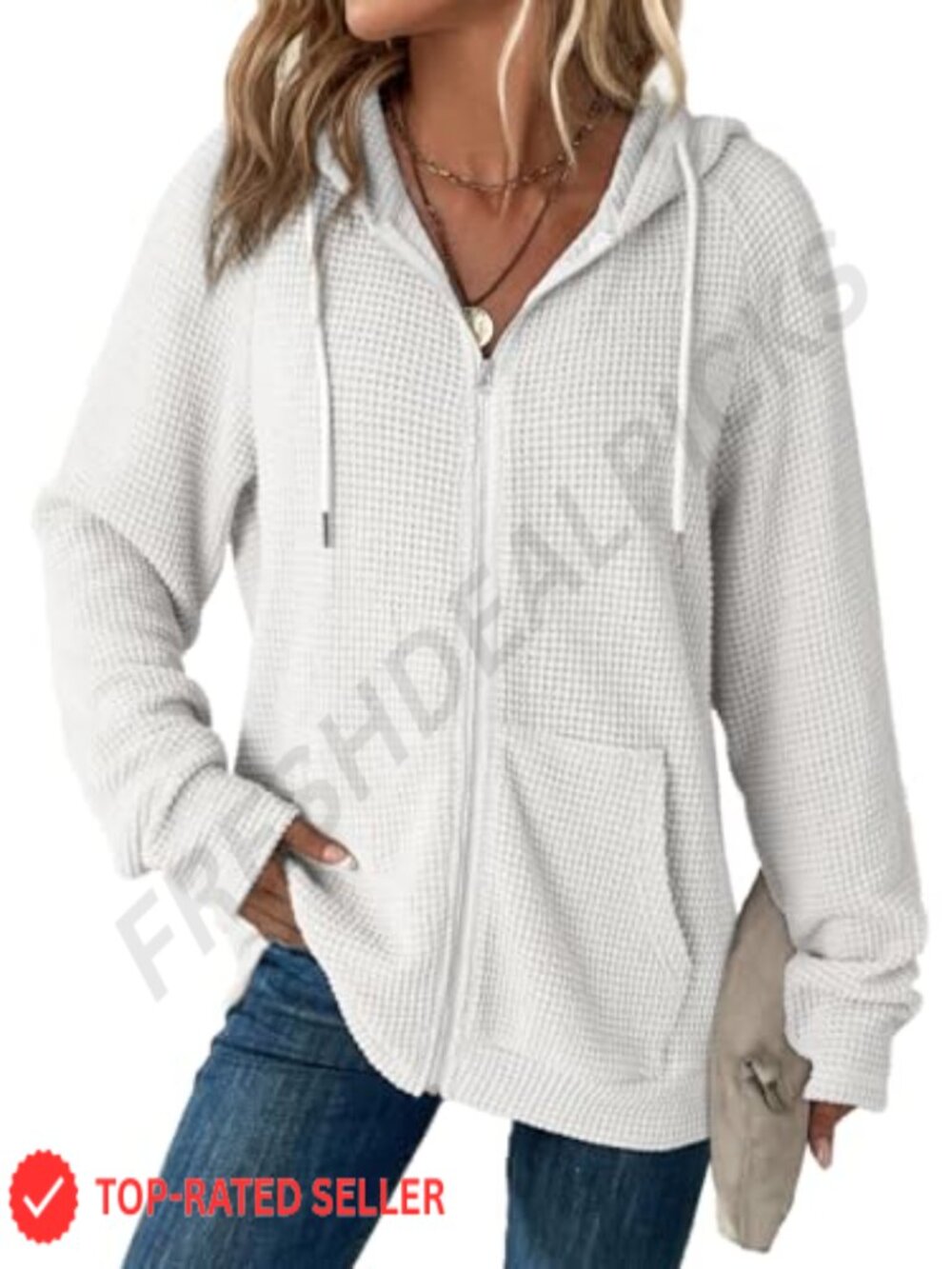Dokotoo Waffle Knit Full Zip Hoodie Long Sleeve Sweatshirt